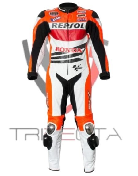 A professional motorcycle racing suit predominantly in orange, white, and black, featuring prominent sponsor logos such as Repsol, Honda, and Shoei. The suit includes a signature on the upper left chest area and is displayed against a plain background, highlighting its vibrant design and colors.