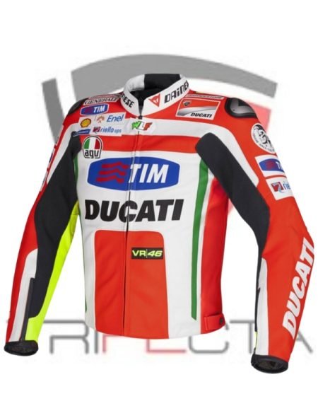 A Ducati motorcycle racing jacket featuring prominent branding and sponsorship logos. The jacket is predominantly red with white and black accents, as well as neon yellow detailing on the sleeves. Logos include ‘TIM,’ ‘Ducati,’ ‘VR46,’ among others, indicating a connection to professional racing and possibly a specific racer due to the ‘VR46’ which is associated with Valentino Rossi