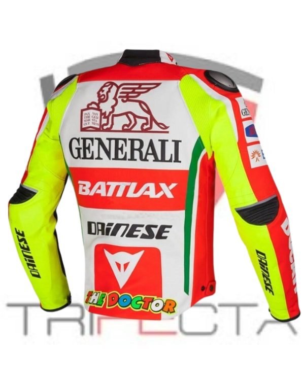 A rear view of a vibrant motorcycle racing jacket featuring a mix of bright yellow and white colors with red accents. The jacket is adorned with multiple logos and emblems, including ‘GENERALI’ at the top center, ‘Bridgestone BATTLAX’ on the lower back, ‘Dainese’ on both sleeves near the shoulders, an emblem resembling a winged creature on the upper right shoulder, and ‘#1 DOCTOR’ above an Italian flag near the waistline. The design also includes a large number ‘46’ prominently displayed in black against a white background on the back. The brand ‘TRIPL3CTA’ is watermarked across the image.