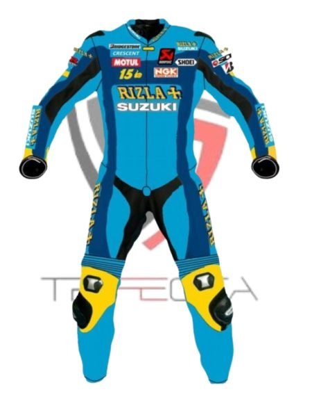 Suzuki logo and sponsor patches like Monster Energy, Motul, and Yoshimura. The suit is designed with aerodynamic humps and pre-curved sleeves for optimal performance, displayed against a clean white background.