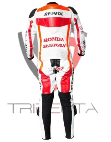 A professional motorcycle racing suit predominantly in orange, white, and black, featuring prominent sponsor logos such as Repsol, Honda, and Shoei. The suit includes a signature on the upper left chest area and is displayed against a plain background, highlighting its vibrant design and colors.