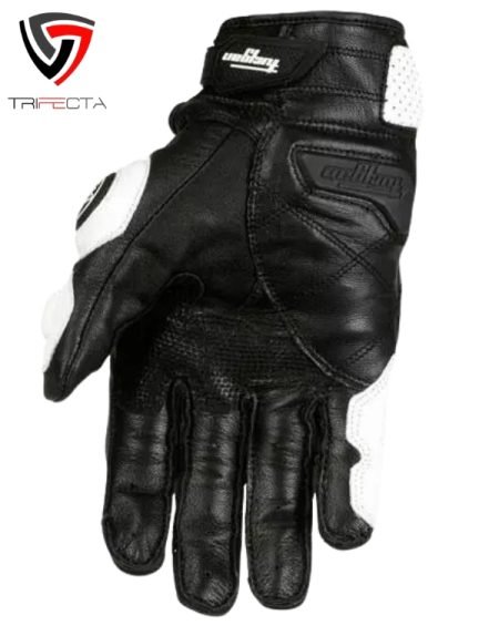 A black motorcycle glove with white accents, featuring the ‘TRIFECTA’ logo on the wrist strap and ‘carhartt’ written across the knuckles. The glove has a Velcro wrist closure and perforated leather on the back for breathability, with reinforced leather on the palm for durability.