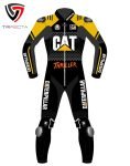 Trifecta Moto Gear racing suit: Black and yellow design with CAT and THRILLER logos, protective pads, and intricate patterns