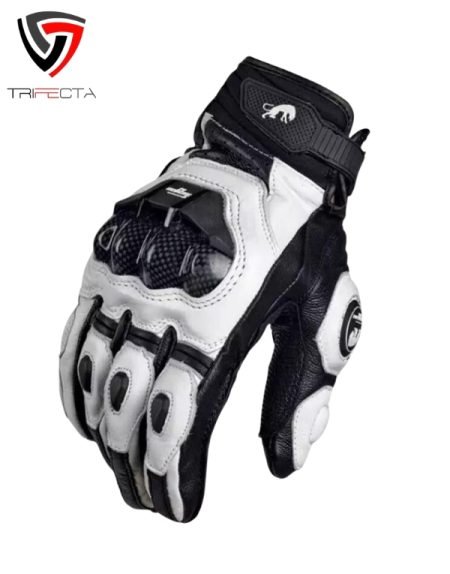 A black and white TMG White Motorcycle Leather Gloves For Racing with reinforced knuckle protection and a Velcro wrist closure. The glove features a combination of leather and textile materials, with the brand logo ‘TRIFECTA’ visible at the wrist area