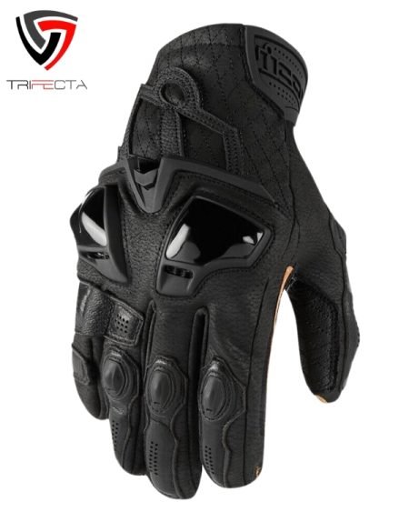 Black tactical glove with reinforced knuckle protection, textured grip surfaces.