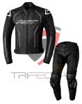 Black motorcycle gear set from Trifecta Moto Gear featuring a leather jacket with white and silver accents and the RST logo on the chest, and matching leather pants with knee pads. The gear is displayed against a white background with the Trifecta Moto Gear logo at the bottom