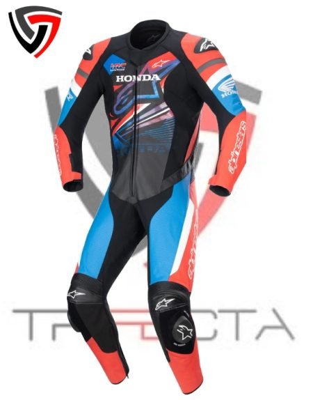 A black and blue motorcycle racing suit with red accents, featuring Honda, Alpinestars, and HRC logos, designed for track use with an aerodynamic back hump