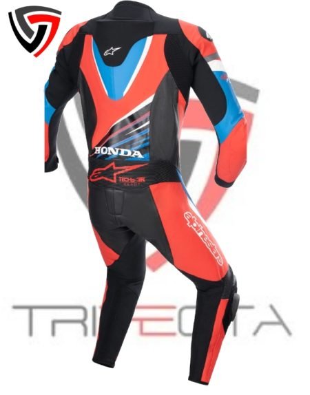 This image shows a motorcycle racing suit designed for high-speed track use. It is predominantly black and blue with red accents and features logos from Honda, Alpinestars, and HRC. The suit includes an aerodynamic hump on the back for improved performance and safety. This type of suit is typically worn by professional racers to ensure maximum protection and efficiency on the track