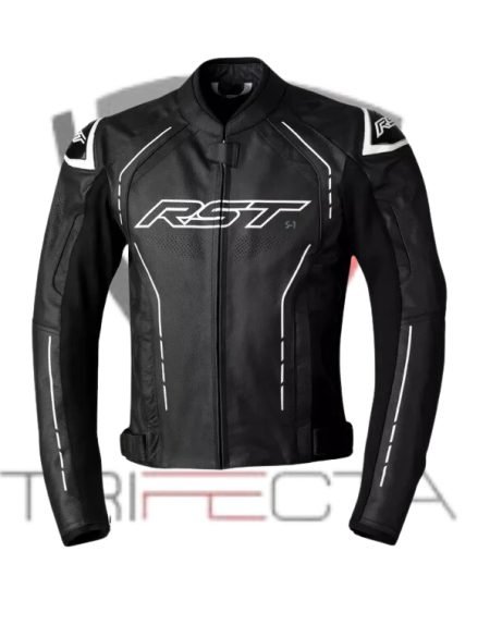 Black RST motorcycle leather jacket with white and silver accents, featuring the RST logo on the chest. The jacket has a sporty design with pre-curved sleeves for riding comfort, reinforced stitching on critical seams for durability, and ventilated panels for airflow. Ideal for motorcyclists seeking both protection and style