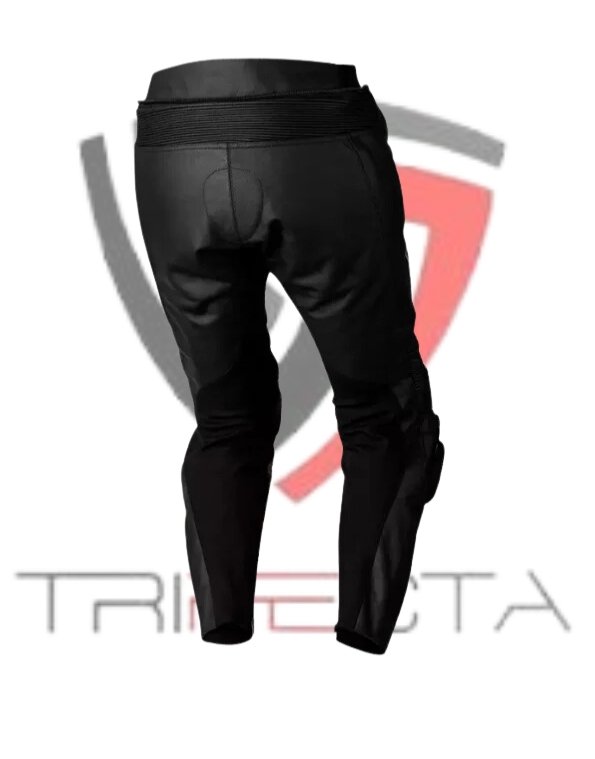 Motorcycle riding pants by Trifecta MotoGear featuring reinforced knee pads, durable black textile material, and the Trifecta logo with stylized ‘T’ in the background. The pants are designed for rider safety and comfort