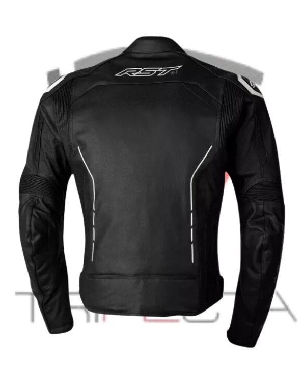 Black RST motorcycle leather jacket with white and silver accents, featuring the RST logo on the chest. The jacket has a sporty design with pre-curved sleeves for riding comfort, reinforced stitching on critical seams for durability, and ventilated panels for airflow. Ideal for motorcyclists seeking both protection and style