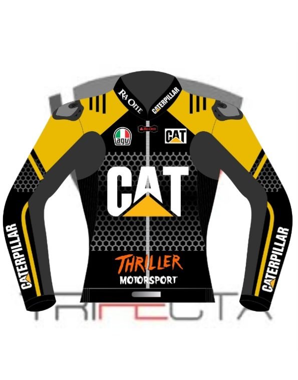 A digital mockup of a racing jacket design. The jacket is predominantly black and yellow with sponsor logos. The top section is yellow with a black gradient towards the middle, featuring the ‘CAT’ logo in bold white letters, representing Caterpillar Inc., and smaller logos including ‘R4 OY1E’ and ‘SPERILLUM.’ The sleeves are black with the Caterpillar logo repeated along the arms. On the lower back, there’s a large text ‘THRILLER MOTORSPORT’ in white, above another large ‘CAT’ logo. The design includes a honeycomb pattern on the front and back, giving it a textured look. There are Italian flag details on the collar indicating an Italian connection or inspiration