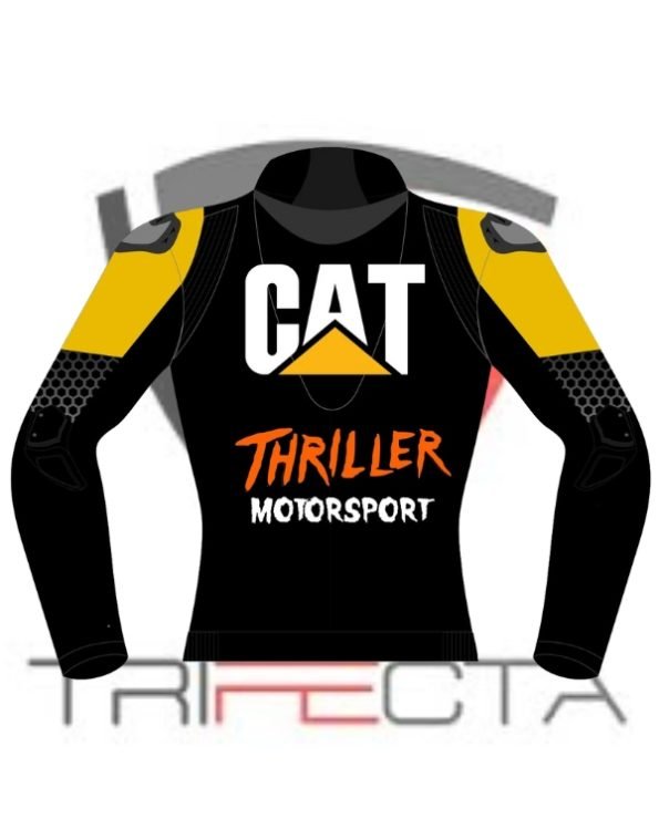 A digital mockup of a racing jacket design. The jacket is predominantly black and yellow with sponsor logos. The top section is yellow with a black gradient towards the middle, featuring the ‘CAT’ logo in bold white letters, representing Caterpillar Inc., and smaller logos including ‘R4 OY1E’ and ‘SPERILLUM.’ The sleeves are black with the Caterpillar logo repeated along the arms. On the lower back, there’s a large text ‘THRILLER MOTORSPORT’ in white, above another large ‘CAT’ logo. The design includes a honeycomb pattern on the front and back, giving it a textured look. There are Italian flag details on the collar indicating an Italian connection or inspiration