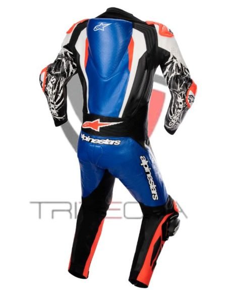 Motorcycle racing costume shown from the back on a white backdrop. The suit's back, arms, and legs are adorned with the Alpinestars trademark emblem, which is primarily blue with elements of black and white. The knees, lower back, and shoulders all have red embellishments. The outfit includes boots that are mostly black with red highlights at the base and integrated gloves with black and white patterns.