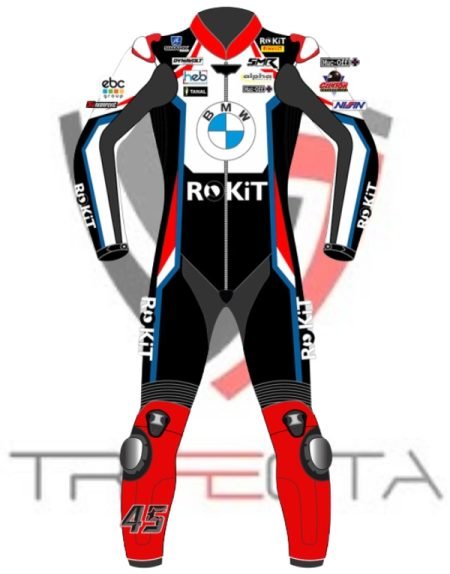 A flat layout of a BMW Michael Van der Mark WSBK race suit. The suit is predominantly black with red accents on the lower legs and arms, featuring multiple sponsor logos including BMW, ROKiT, and NWR. The number 45 is prominently displayed on the chest area. The suit is designed for professional motorcycle racing, showcasing a sleek and aerodynamic design.