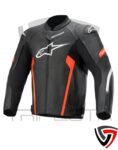 A black motorcycle jacket with red and white accents, featuring the Alpinestars logo on the chest and left sleeve. The jacket has a high collar, pre-curved sleeves for riding comfort, and stretch panels on the sides and inner arms for enhanced mobility