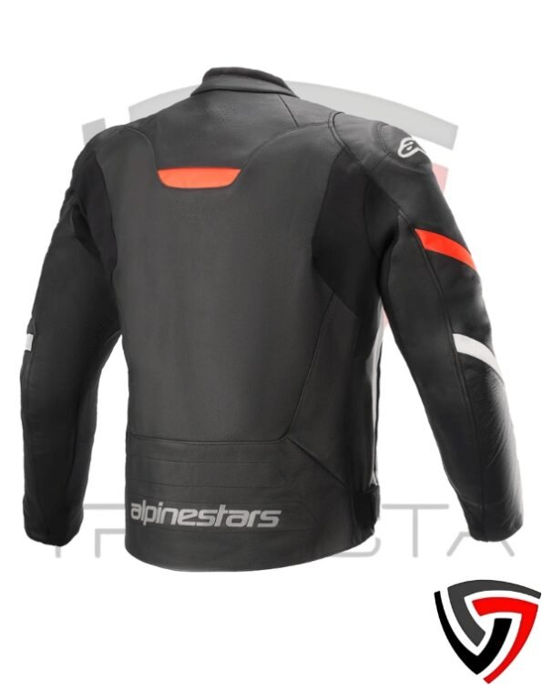 A rear view of an Alpinestars motorcycle jacket in black, featuring orange detailing on the shoulders and white brand logos on the upper arms and lower back. The jacket appears to be designed for safety and comfort with a snug fit and protective padding