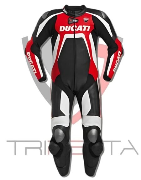 A Ducati branded motorcycle racing suit displayed against a white background. The suit is predominantly black with red and white accents. The Ducati logo is prominently featured on the chest, upper arms, and thighs. The word ‘TRIFECTA’ is written in large grey letters at the bottom of the image