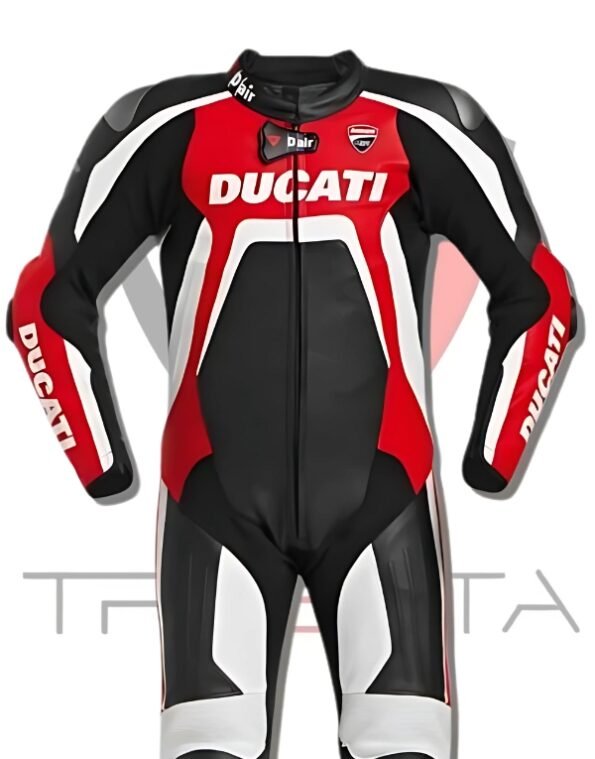 A Ducati branded motorcycle racing suit displayed against a white background. The suit is predominantly black with red and white accents. The Ducati logo is prominently featured on the chest, upper arms, and thighs. The word ‘TRIFECTA’ is written in large grey letters at the bottom of the image